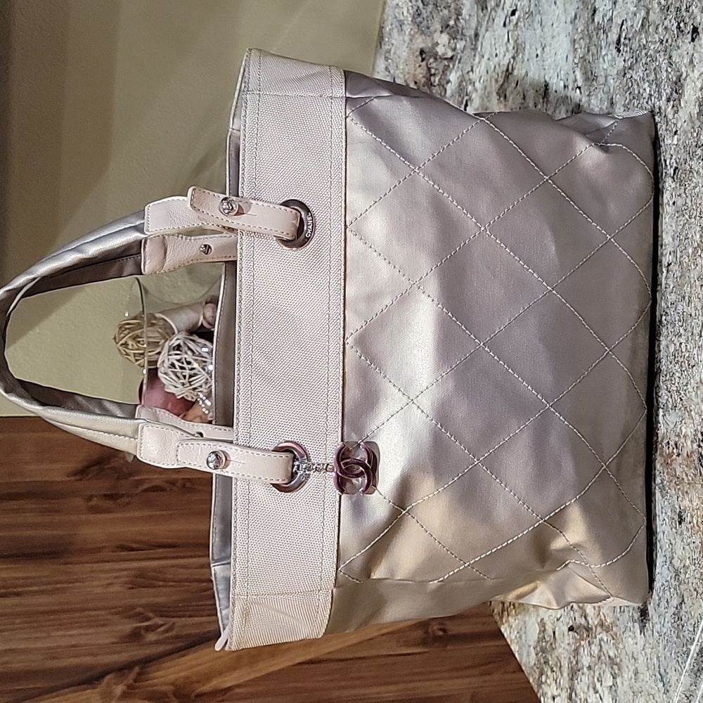 Chanel Paris Biarritz  EUC with COA Side Pocket Tote GM Quilted Metallic Canvas